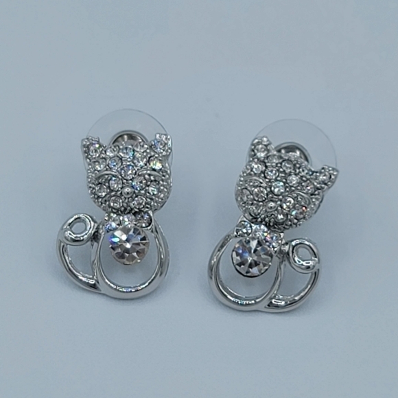 Silvertone Cat Crystal Earrings #1217 - Picture 9 of 11